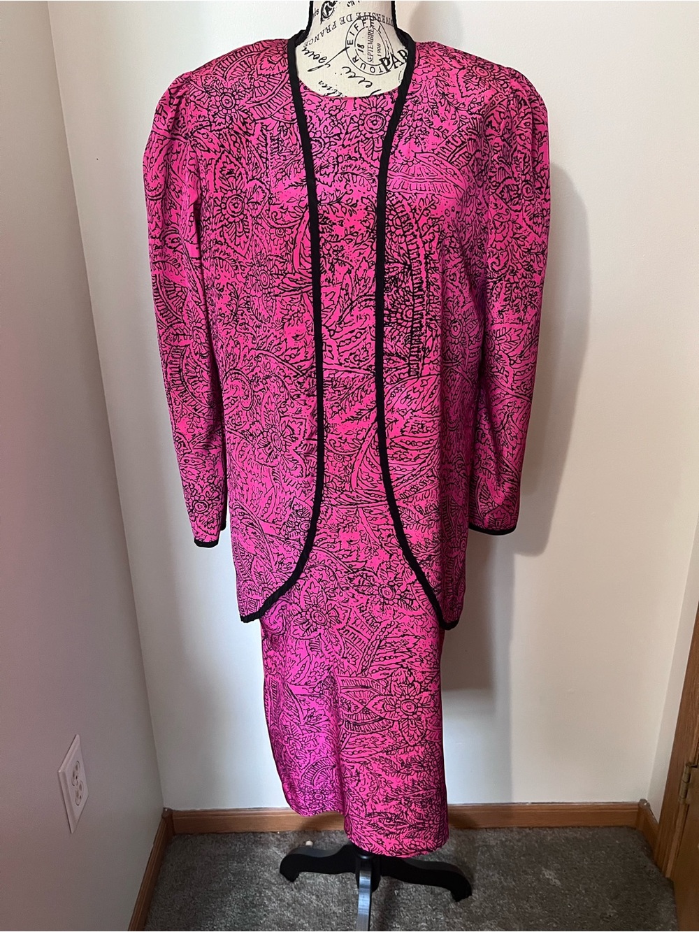 Vintage Sabino 2 Piece Dress Set Hot Pink Black Paisley Jacket Midi Dress Large